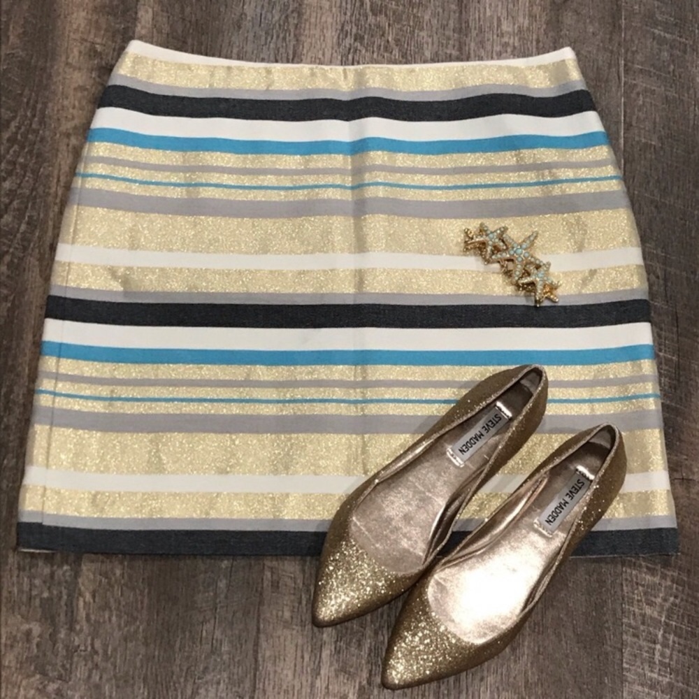 LOFT Metallic Gold Blue & White Stripe Skirt Sz 6